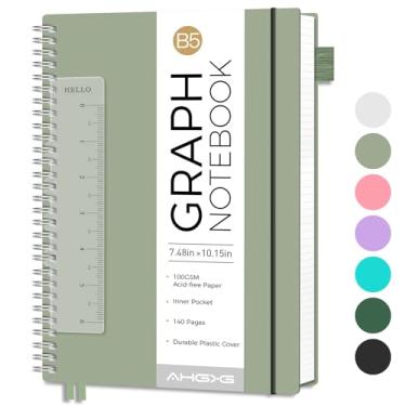 Imagem de AHGXG Caderno de papel milimetrado – Caderno espiral 19,3 cm x 25,4 cm, caderno gráfico grande B5, 140 páginas, papel quadriculado grosso de 100 g/m², capa de plástico impermeável, para engenharia de