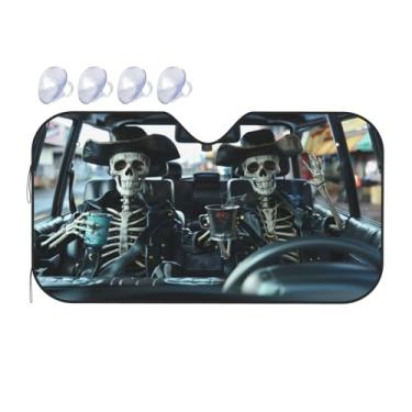 Imagem de Guarda-sol engraçado crânio para-brisa legal esqueleto gótico guarda-sol dobrável viseira frontal janela bloco protetor interior automotivo bloqueia raios UV 139.7 cm C x 76.2 cm L