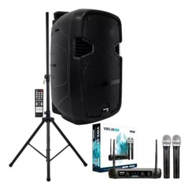 Imagem de Kit Caixa Amplificada + Microfone Sem Fio Duplo Uhf + Tripé - SoundVoi
