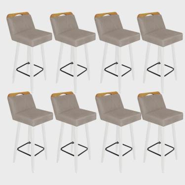 Imagem de Kit 08 Banqueta Alta c/ Encosto Lith Para Cozinha Bar Balcão Bistrô Pé Palito Branco Corino Bege - Ahz Móveis