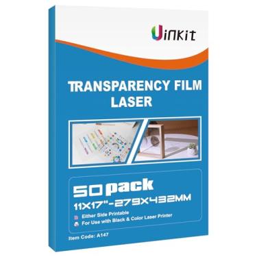 Imagem de Uinkit Película transparente a laser de 11 x 17 OHP pacote com 50 folhas de acetato transparente para projetor aéreo a jato a laser para impressora a jato a laser colorida e copiadora A3 Tamanho do