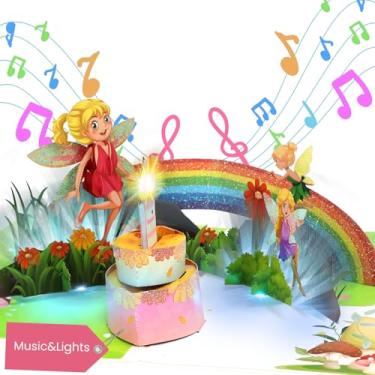 Imagem de Cartões de aniversário, cartões musicais de aniversário com luzes, cartões de aniversário pop-up 3D para meninas, filhas, netas, sobrinhas - Cartões de aniversário de fadas com velas sopráveis para