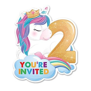 Imagem de Opomzk Convites de 2ª festa de unicórnio fofo com envelopes, conjunto de 20 convites de unicórnio em duas formas menina segundo aniversário chá de bebê convites suprimentos lembrancinhas, dupla face