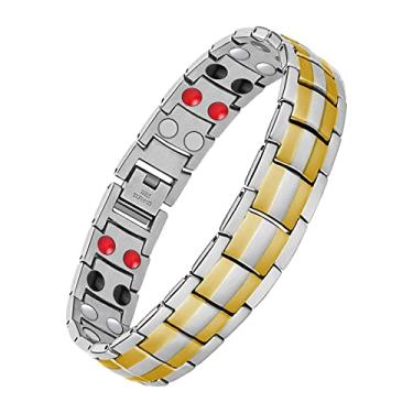 Imagem de Feraco Pulseiras magnéticas para homens alívio da dor Pulseira de ímãs fortes de fileira dupla de aço de titânio com linha azul única, pulseira ajustável, Metal