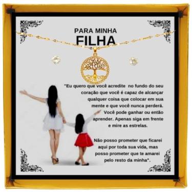 Imagem de Presente Aniversário Filha Colar Árvore da Vida Dourado + Brincos + Caixinha + Dedicatória