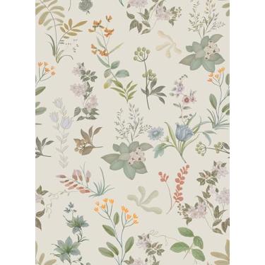 Imagem de NEKOKOYA Papel de parede de papel de parede bege floral 45 x 299 cm vintage autoadesivo folha de contato Boho Botanical Farmhouse papel de parede para decoração de armário de quarto