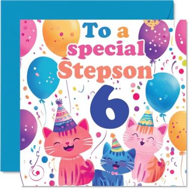 Imagem de Cartão de aniversário 6th Step Son - Cute Cats Special Step Son - Cartão de feliz aniversário de 6 anos de madrasta da madrasta, 145 mm x 145 mm, 6 anos, seis cartões de felicitações para enteado