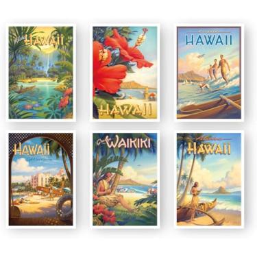 Imagem de Conjunto de 6 – Impressões de pôster vintage Havaí, sem moldura – Arte de parede de ilha retrô por Kerne Erickson – Decoração tropical de 12 x 18 cm para casa, escritório ou aluguel de férias
