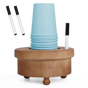 Imagem de KRZKRZ Suporte de copo de madeira com compartimento para marcador - Identificador de copo descartável com 2 marcadores, escreva seu nome no suporte de copo, perfeito para festas e eventos