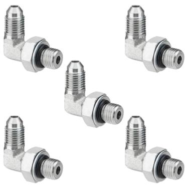 Imagem de Racewill Pacote com 5 adaptadores hidráulicos de cotovelo de 90 graus: 1/10.2 cm JIC 37° macho x # 4 SAE/ORB macho, conectores de extremidade hidráulica com tampa de proteção