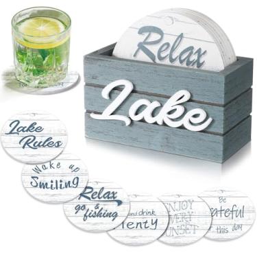 Imagem de Queekay Conjunto de 6 porta-copos com tema de lago com suporte para bebidas, presentes de casa para amantes do lago, porta-copos de madeira de 10 cm com frases presentes de inauguração de casa para