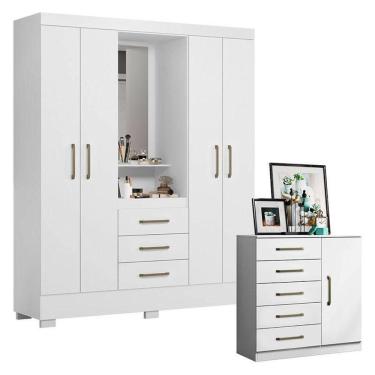 Imagem de Cômoda Milão E Guarda Roupa Solteiro Paris 2045150 Branco - Aramóveis