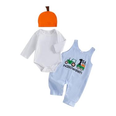 Imagem de Doisbetthsay My First Halloween Baby Boy Outfit recém-nascido manga longa macaquinho calça chapéu bebê abóbora roupas outono inverno (azul geral, 3-6 meses)