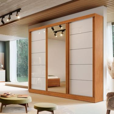 Imagem de Guarda Roupa Casal com Espelho 3 Portas de Correr em MDF Capri Bianchi - Nature/Off White