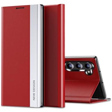 Imagem de Capa flip para Samsung Galaxy S23 S View, capa flip ultrafina galvanizada de luxo para Samsung S23, capa flip flip híbrida à prova de choque PU e PC compatível com smartphone S23 Galaxy (vermelho)