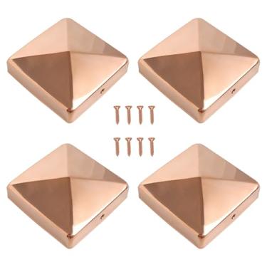 Imagem de 4 peças de tampas de poste de cerca de cobre com parafuso, 10 x 10 cm (real 9,5 x 8,5 cm) tampa de cobre para metal madeira cedro deck corredores caixa de correio tampa de extremidade