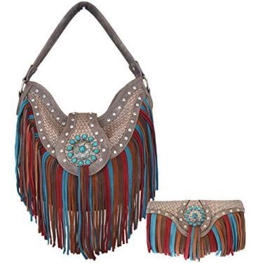 Imagem de Conjunto de bolsa de ombro feminina com franjas, estilo country, de couro, com tecido oculto, #3 Taupe Set, Large