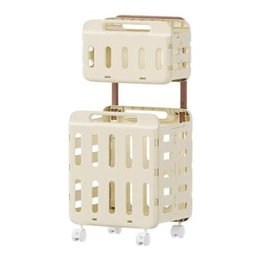 Imagem de SiaBiced Cesto de roupa suja com rodinhas, organizador de roupas pesadas para escritório com alça, economiza espaço, Cor Creme, Dupla Camada