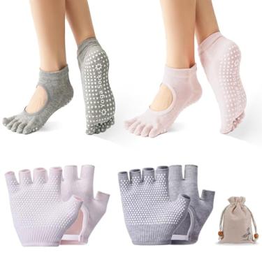 Imagem de FHUIEWRY Conjunto de 2 pares de meias antiderrapantes para ioga, meias femininas com cinco dedos e luvas de ginástica sem dedos para pilates, barra, balé, fitness (rosa, cinza)