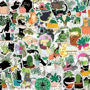 Imagem de Kathy & Jiggs 110 adesivos fofos de gato de planta - Decalques de vinil kawaii à prova d'água (5 a 6,3 cm) para diário, laptop, garrafa de água, bagagem, skate - presente para crianças, adolescentes