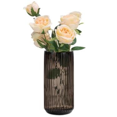 Imagem de Ekirlin Vaso de flores 19 cm âmbar espesso à mão vaso redondo vintage listrado garrafas para estante, mesa de jantar, mesa de escritório interno, sala de reunião, banheiro, casa