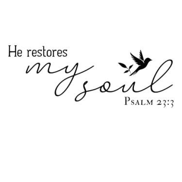 Imagem de Adesivo de vinil com escrituras inspiradoras He Restores My Soul - Salmo 23:3 para decoração de casa cristã, lema decoração fé cristã