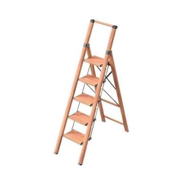 Imagem de Escada dobrável para adultos de 4/5 degraus com degraus largos antiderrapantes carga máxima de 150 kg Lbs com alça de alumínio, banco dobrável de grão de madeira (natural, grande)