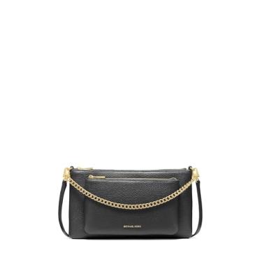 Imagem de Michael Kors Bolsa tiracolo conversível de bolso médio Jet Set, ferragens douradas/couro seixo/preta