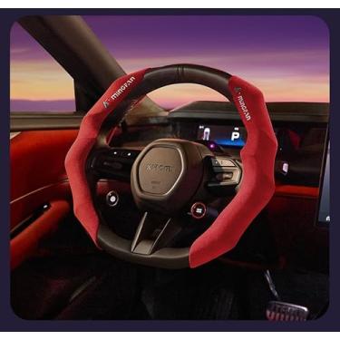 Imagem de Capa de volante gato fofo macio para mulheres menina couro rosa acessórios interiores automotivos ajuste universal 14,5 15 polegadas carro (VERMELHO-1)