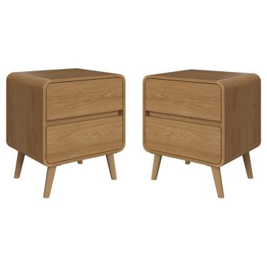 Imagem de Kit Conjunto 02 Mesas De Cabeceira Canto Curvo Com 02 Gavetas E Pés Palito Retrô Carvalho Xingu