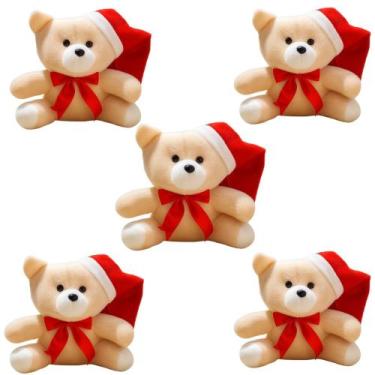 Imagem de Kit 05 Ursos Papai Noel Com Gorro e Laço Enfeite de Pelúcia e Cestas P
