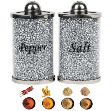 Imagem de Escenzy Conjunto de saleiro e pimenteiro de diamante triturado | Saleiro de vidro premium de 200 ml para decoração de cozinha moderna, saleiro fofo com tampa de aço inoxidável | Acessórios para mesa
