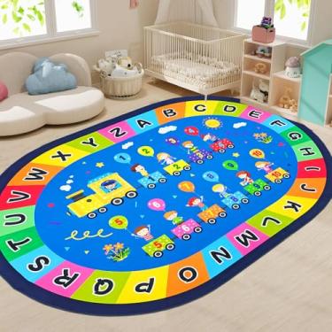 Imagem de USTIDE Tapete grande oval infantil 1,8 x 2,8 m, alfabeto ABC, educacional, sala de aula, trem, antiderrapante, oval, tapete de área de aprendizagem, para quarto, sala de jogos, berçário, decoração