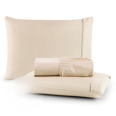 Imagem de Jogo de Lençol Antiácaro e Anti-Pilling - Roupa de Cama com Toque Acetinado e Elástico para Casal, Queen e King(PALHA,AZUL)