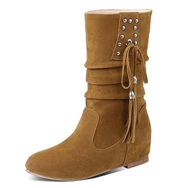 Imagem de Bigfanshu Botas femininas de cano alto estilo outono até a coxa sapatos masculinos botas de cano curto Chaussure Femme Bootie Western Slip-On & Pull On Mocassins & Slip-Ons, Camelo, 37 BR
