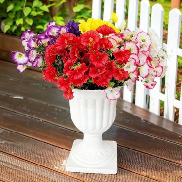 Imagem de Aisamco Flores de seda artificial para decoração ao ar livre, 12 pacotes de flores falsas, glória da manhã colorida com eucalipto, plantas falsas, vegetação, resistente a UV, para plantador de porta