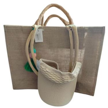 Imagem de Kit Bolsa de Praia com Viseira, Decoração com Pompom Verde e Rosa, Estilo Verão