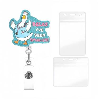 Imagem de YIHONGYAN Carretel de crachá, porta-crachás, retrátil, clipe giratório, carretéis engraçados, kit de acrílico relaxante, design de glitter de ganso para mulheres, enfermeira, médica, professora