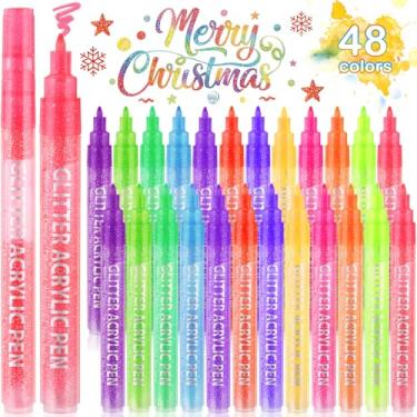 Imagem de Geyoga Conjunto de 48 canetas marcadoras com glitter, 12 cores, marcadores acrílicos, secagem rápida, tinta à base de água para adultos, materiais de arte, cartões de felicitações de Natal, artesanato