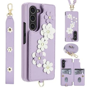 Imagem de Capa carteira de couro para Samsung Galaxy Z Fold5 com 4 compartimentos para cartão, fecho magnético, suporte, design floral, alça de pulso/transversal - TPU macio e proteção elevada (Roxo)