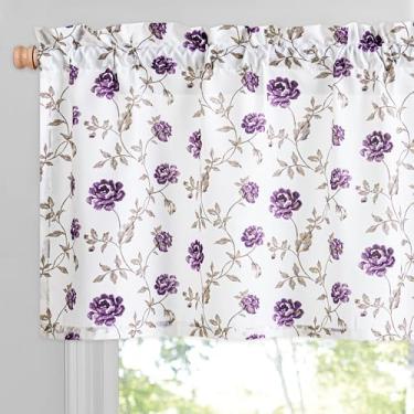 Imagem de Beauoop Cortinas de saia floral para cozinha, sala de estar, flor roxa, semitransparente, para quarto, café, vintage, rosa, filtro leve, bolso de haste, voile, cortinas de tratamento de janela pequena