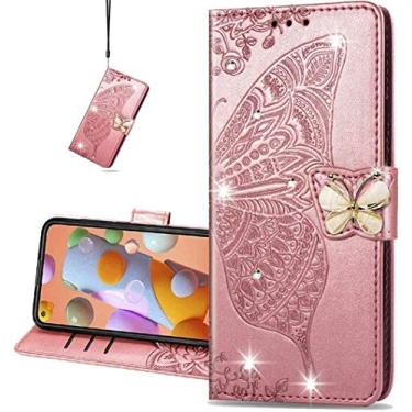 Imagem de MEMAXELUS Capa flip para Samsung Galaxy A05, carteira de couro PU de borboleta de cristal para mulheres com suporte magnético para cartão para Samsung Galaxy A05 Bling Butterfly Rose Gold SD