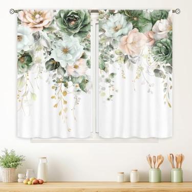 Imagem de Cinbloo Cortinas florais verdes e rosa 70 x 99 cm A bolso para varão aquarela folha de eucalipto flor silvestre flor rosa botânica planta arte impressa meninas sala de estar quarto janela tratamento 2