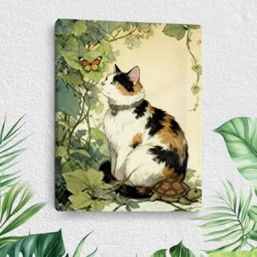 Imagem de Arte de parede em tela de gato, pinturas de arte emolduradas a tinta, decoração de parede, imagem para amantes de gatos para sala de estar, sala de jantar, decoração de casa para galeria, sala de