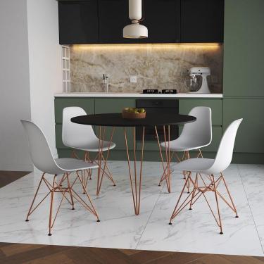 Imagem de Mesa De Jantar Redonda 90Cm Preta Clips 3 Pés Com 4 Cadeiras Eames Eiffel Brancas Base Cobre
