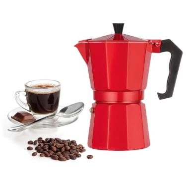 Imagem de Cafeteira Italiana Vermelha em Alumínio, Preparo de Café Expresso no Fogão,