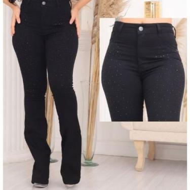 Imagem de Faraya Jeans Calça Flare Preta com strass/brilho aplicação Cintura alt
