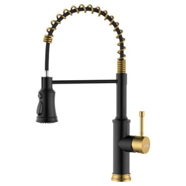Imagem de DAYONE Torneira de pia de cozinha preta e dourada antiga com pulverizador de puxar para baixo, torneira de pia vintage de mola de aço inoxidável de 3 modos para fazenda cozinha bar campista