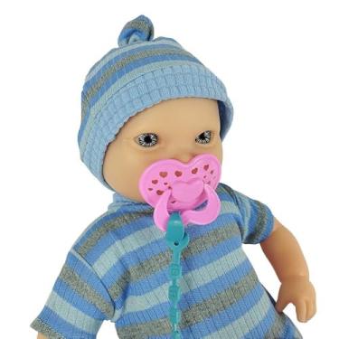 Imagem de Boneco Fofinho Menino Xixi, Boneca Bebê com Chupeta Rosa e Gorro Azul Listrado, Brinquedo Infantil
