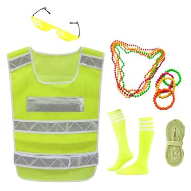 Imagem de qinanlan Conjunto de roupa de festa brilhante – colete neon refletivo, óculos de sol, adesivos faciais, colares, pulseiras e meias – espírito de equipe neon e acessórios para jogos noturnos